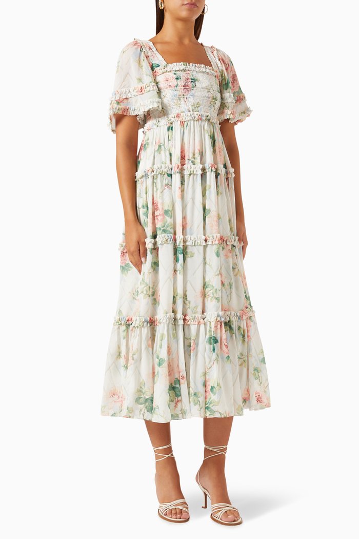 

Harlequin Rose Smocked Midi Dress in Chiffon, Neutral