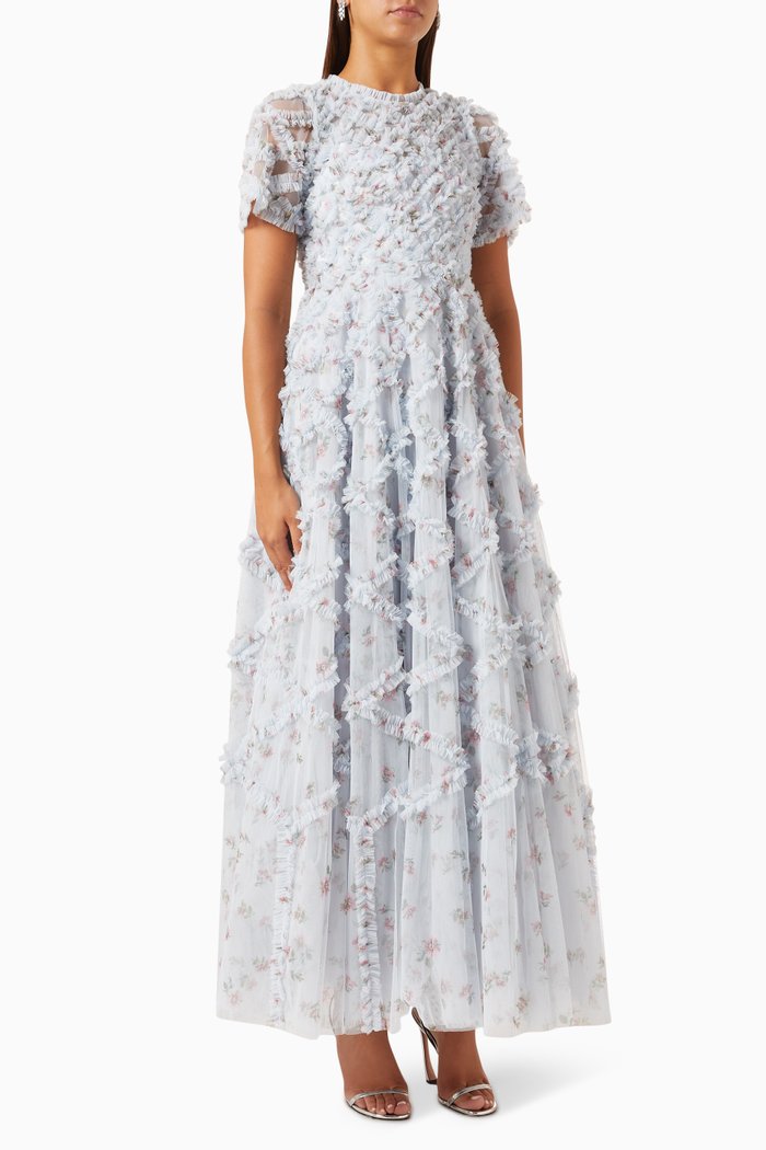 

Ruffled Evelyn Open-back Maxi Dress in Tulle, Blue