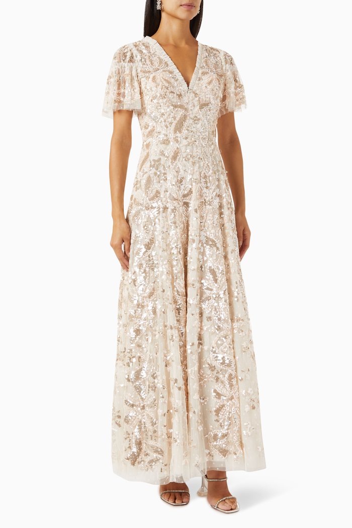 

Trailing Sequinned Bow Gown in Recycled Tulle, Neutral