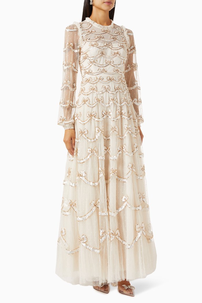 

Bow Sequinned Maxi Dress in Recycled Tulle, Neutral