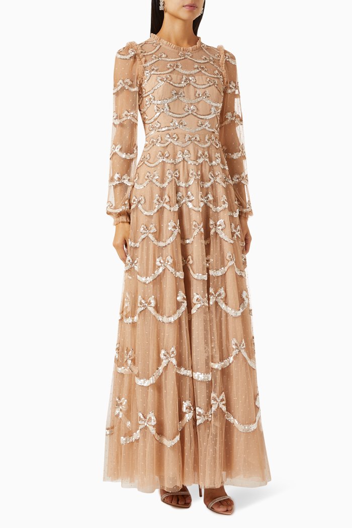 

Bow Sequinned Maxi Dress in Recycled Tulle, Brown