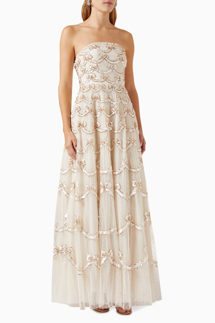 

Bow Sequinned Strapless Maxi Dress in Recycled Tulle, Neutral