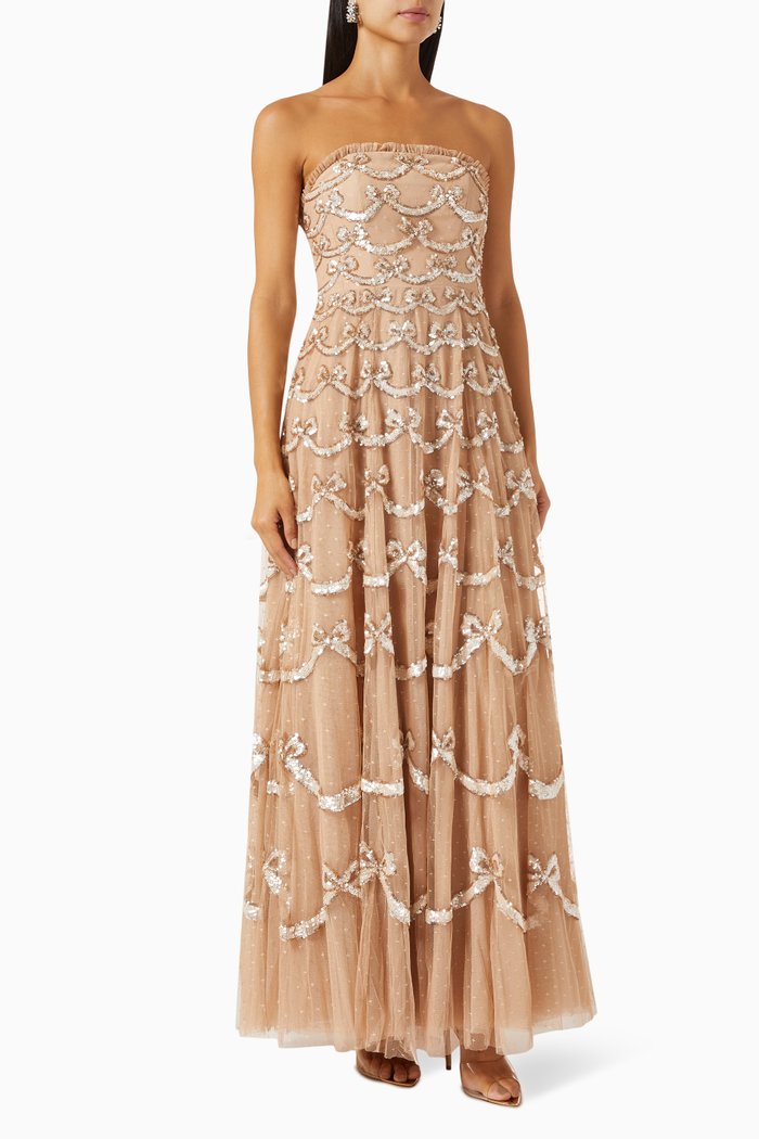 

Bow Sequinned Strapless Maxi Dress in Recycled Tulle, Brown