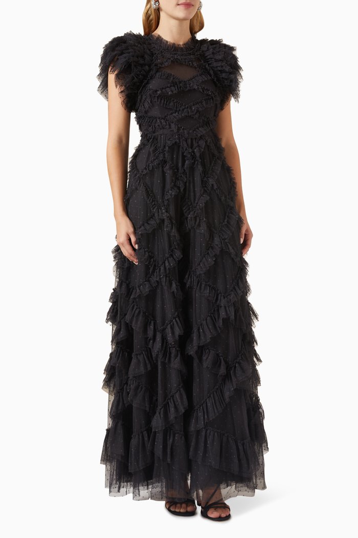 

Genevieve Ruffled Gown in Tulle, Black