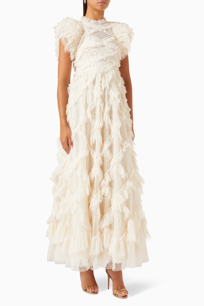 

Genevieve Ruffled Gown in Tulle, Neutral