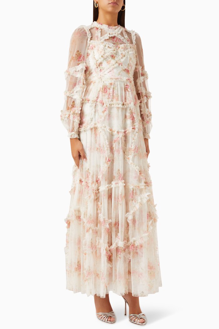 

Trailing Blooms Ruffle Gown in Tulle, Neutral