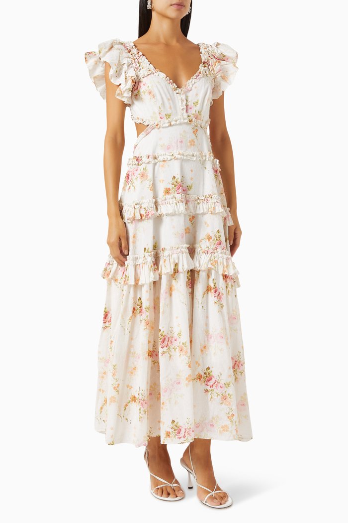 

Trailing Blooms Open-back Midi Dress in Cotton, Neutral