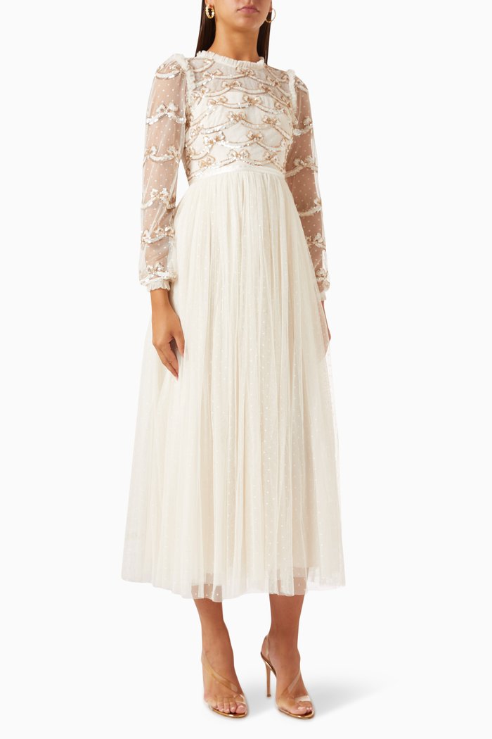

Bow Sequinned Midi Dress in Recycled Tulle, Neutral