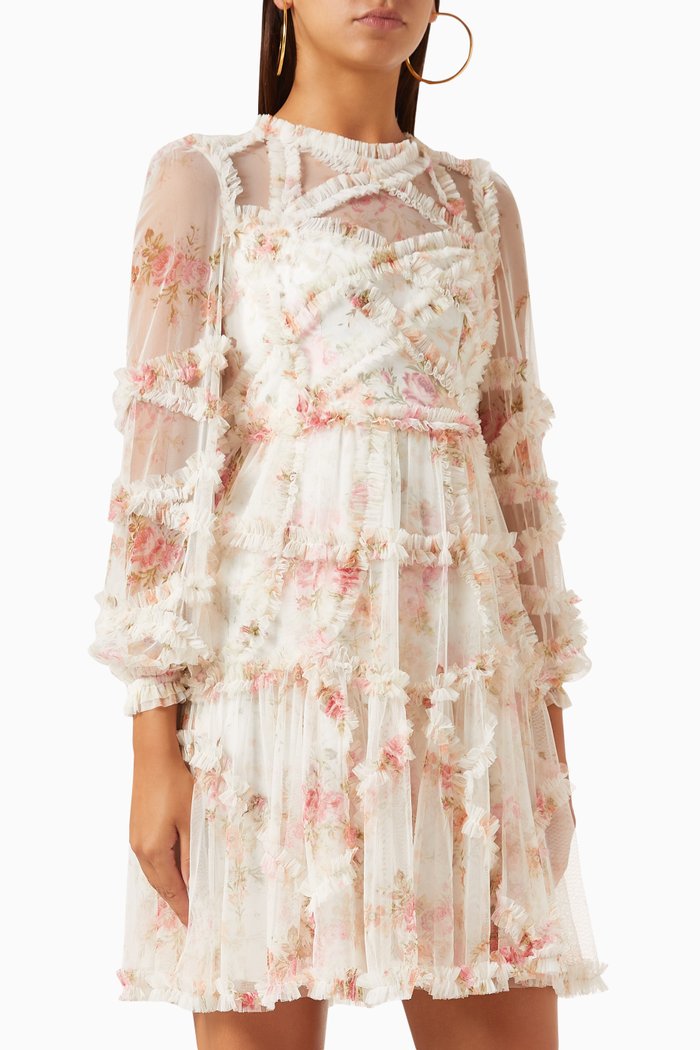 

Trailing Blooms Ruffle Mini Dress in Tulle, Neutral