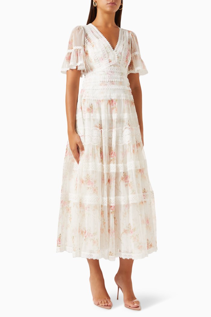 

Trailing Blooms Ruffled Midi Dress in Lace & Tulle, Neutral