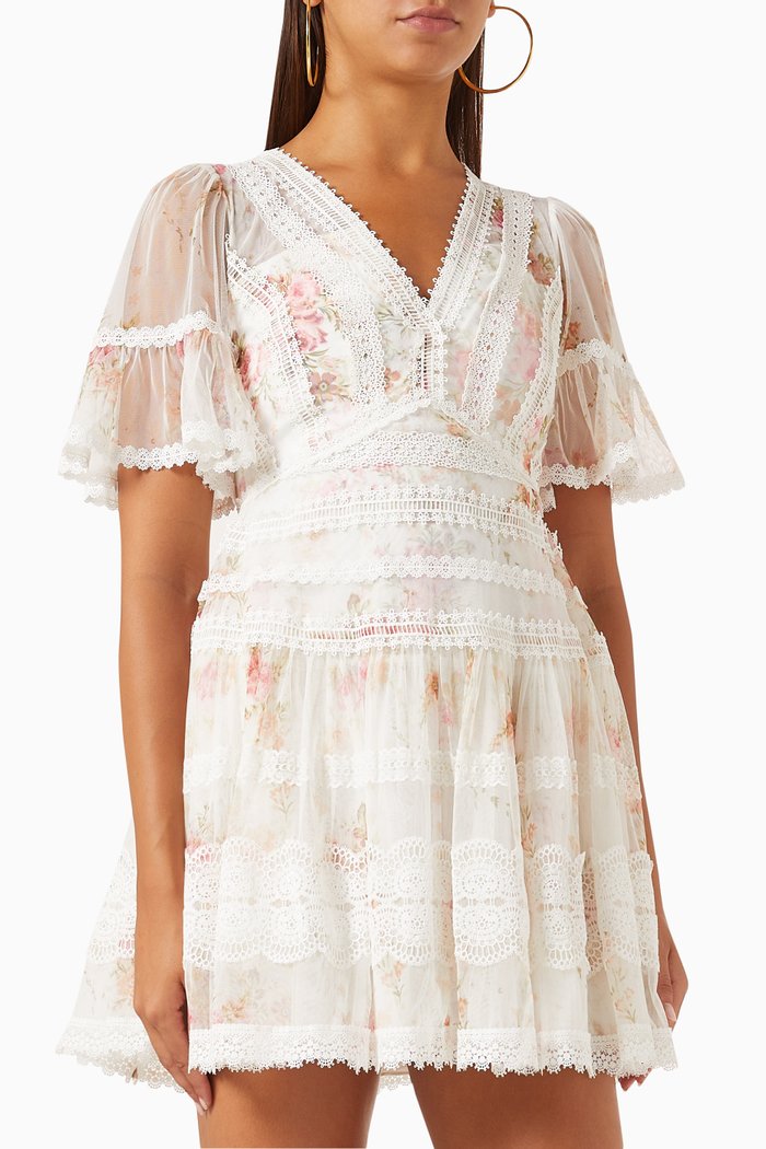 

Trailing Blooms Ruffled Micro Mini Dress in Lace & Tulle, Neutral
