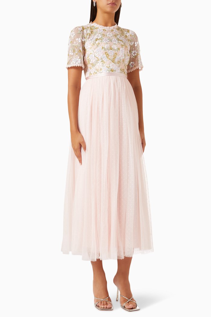 Lena Sequinned Midi Dress in Recycled Tulle, Pink