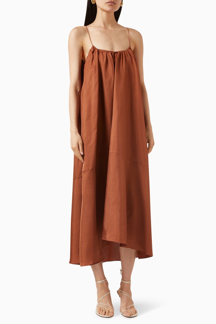 

Gathered Midi Dress in Silk-twill, Orange