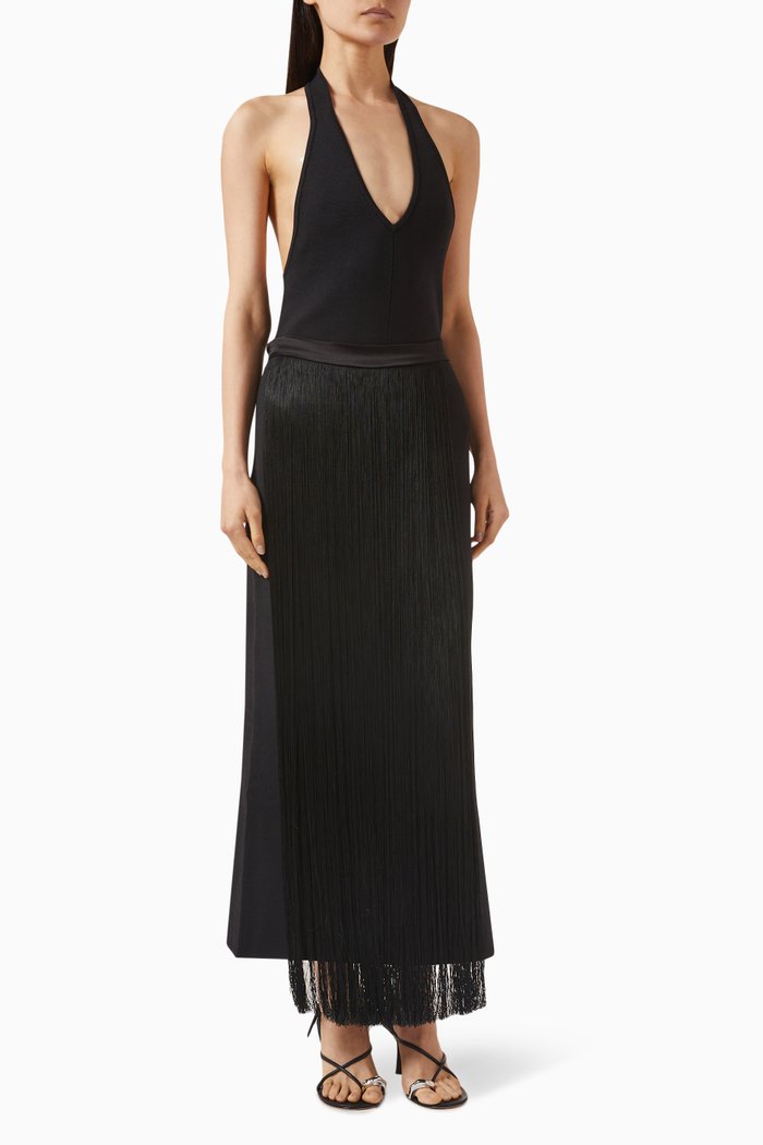 

Obie Halter Fringed Maxi Dress in Viscose-blend, Black