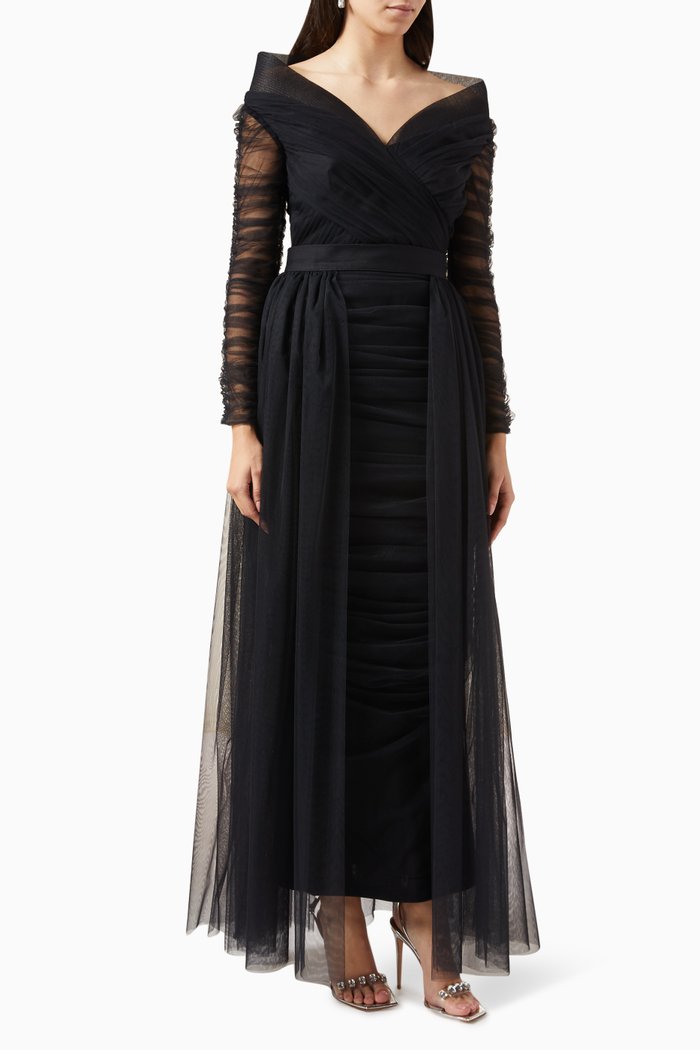 Off Shoulder Ruched Dress in Tulle, Black