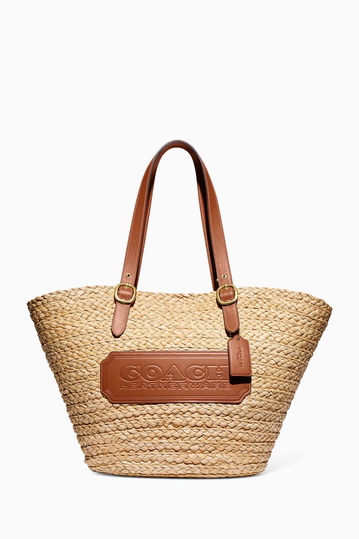 

Structured Tote Bag in Woven Straw & Leather, Brown