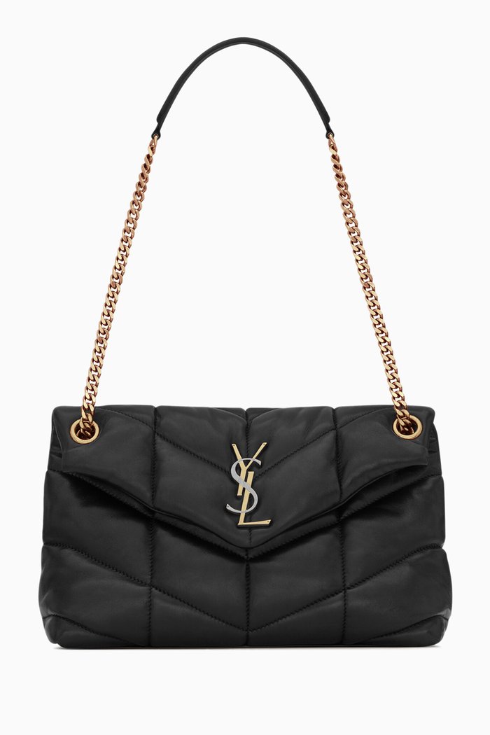

Small Puffer Quilted Chain Shoulder Bag in Lambskin, Black