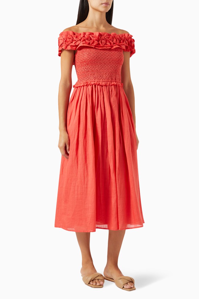 

Frida Off-shoulder Midi Dress in Ramie, Red