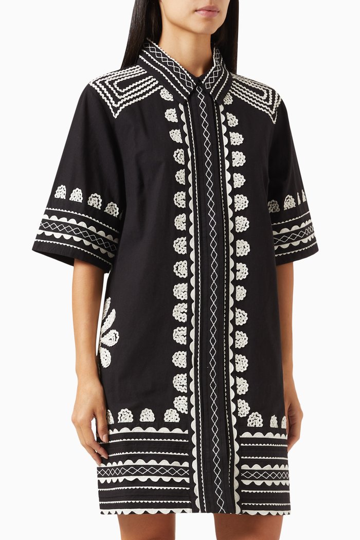 

Ryleigh Embroidered Shirt Mini Dress in Cotton, Black