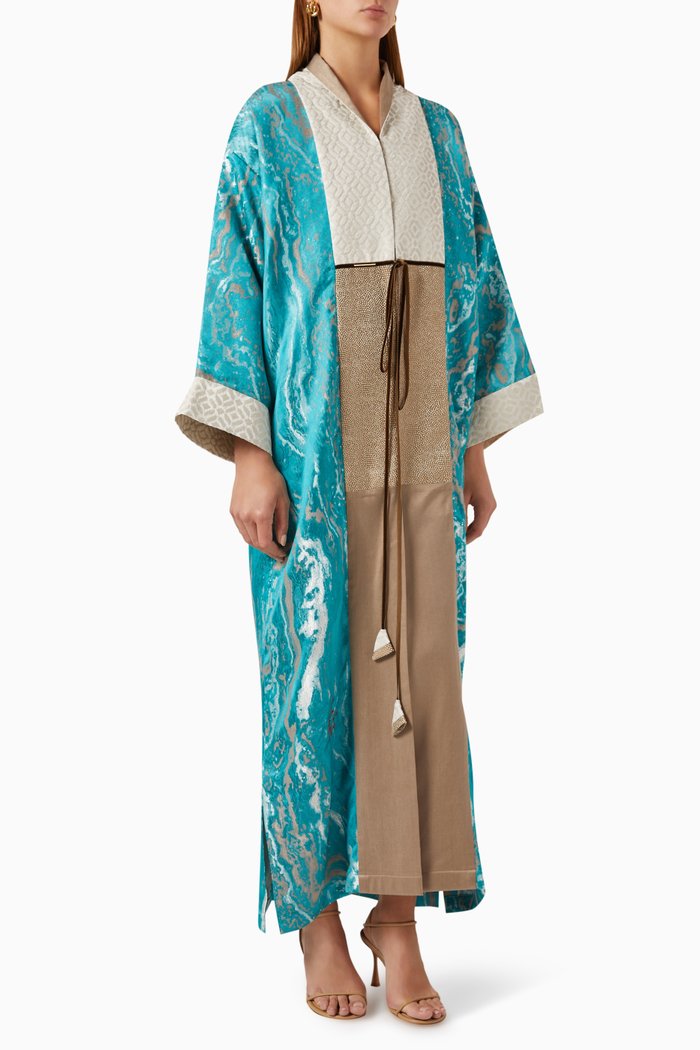 

Printed Kimono Abaya in Silk, Blue