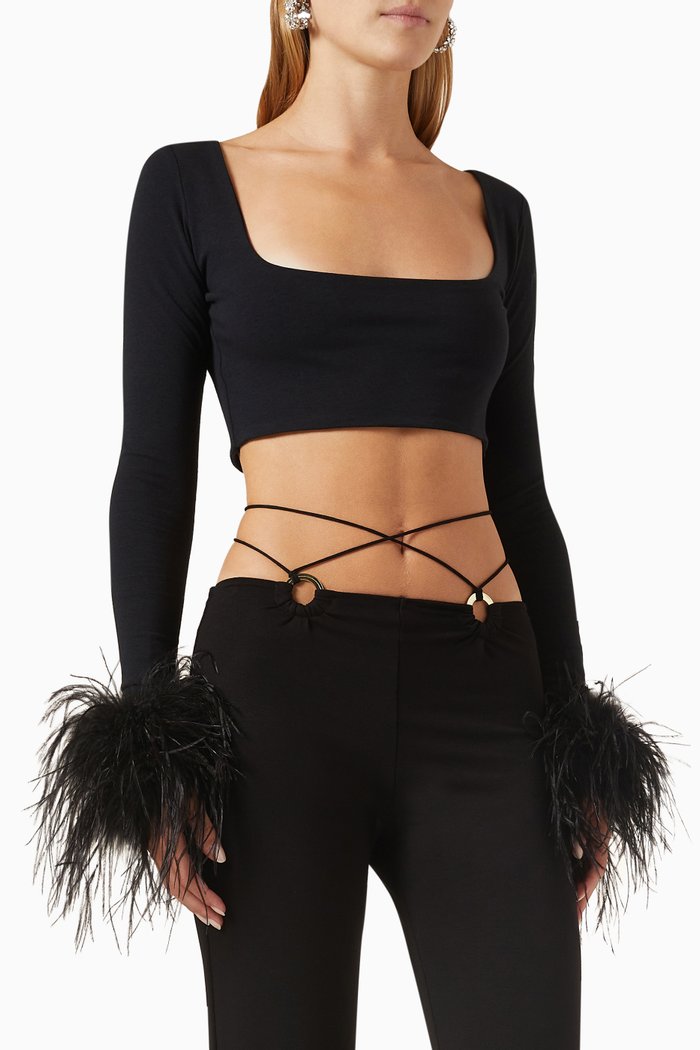 

Chica Feather-trim Crop Top in Viscose-blend, Black