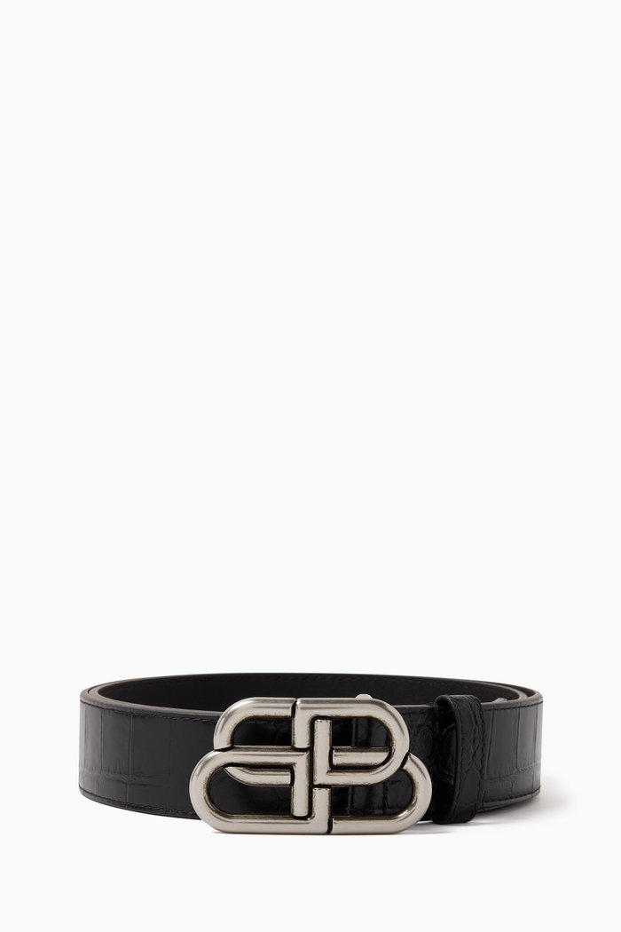 Embossed Logo BB Belt in Croc-embossed Calfskin, Black