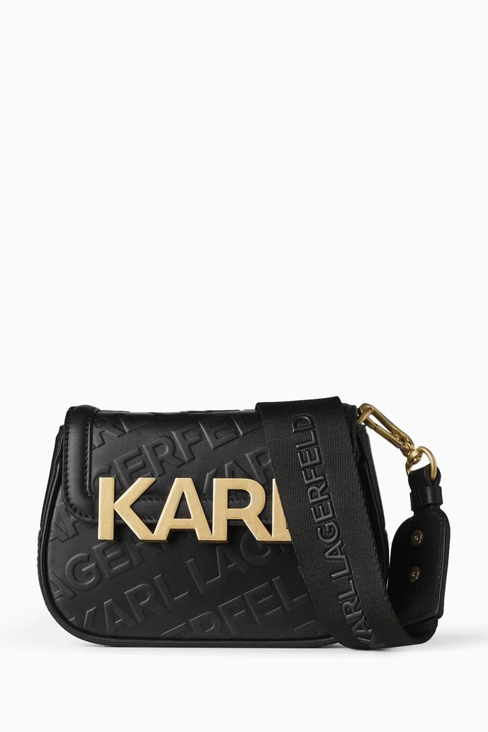 

K/Letters Embossed Crossbody Bag in Leather, Black