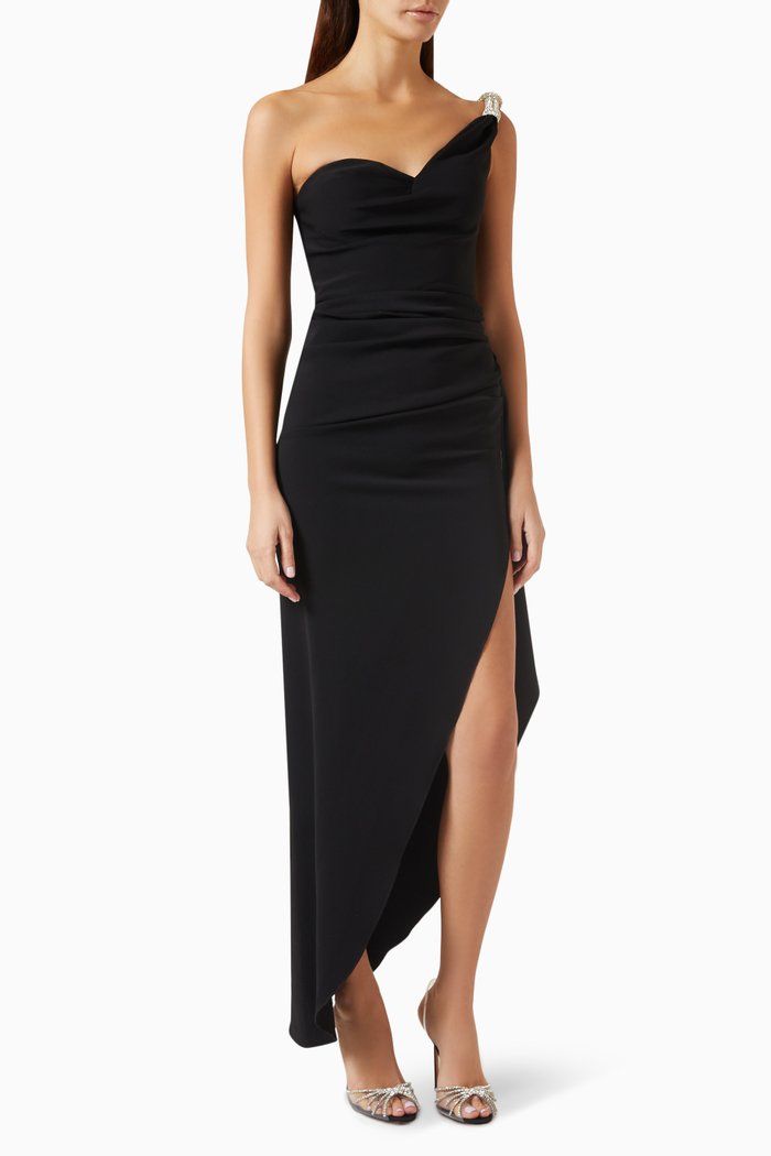 

One-shoulder Crystal Maxi Dress in Satin, Black