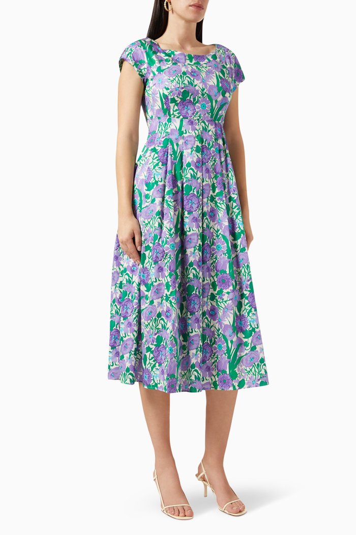 Viaggio Floral-print Midi Dress in Cotton-satin, Purple