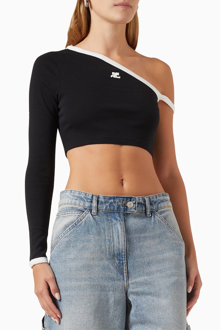 

One-sleeve Cropped Top in Ribbed-jersey, Black