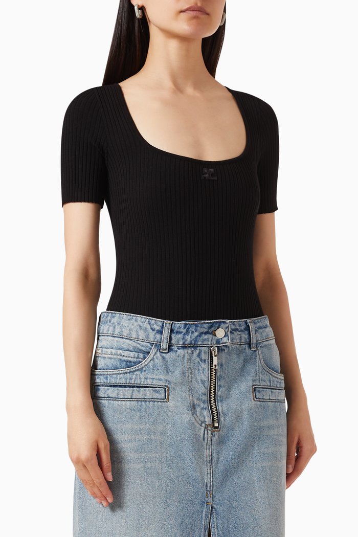 Square Bodysuit in Ribbed Knit, Black