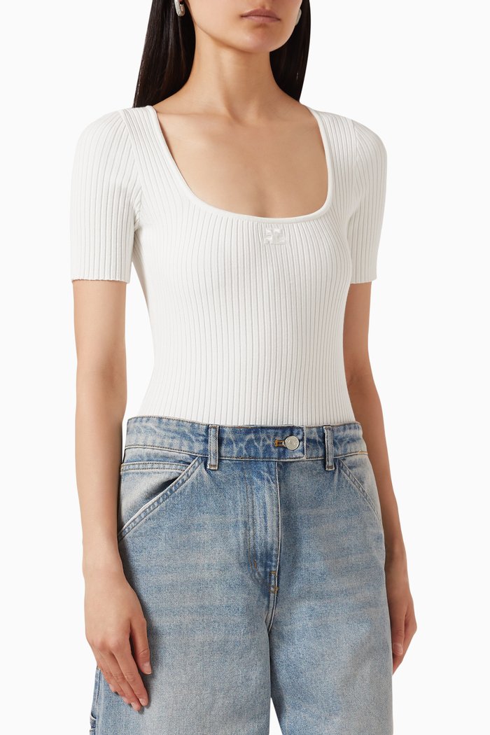 

Square Neckline Bodysuit in Ribbed Knit, White