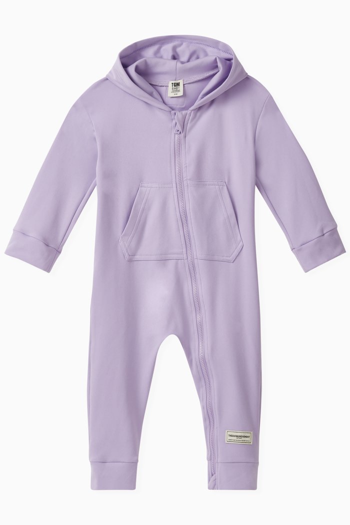 

Hooded Romper in Recycled Softskin100©, Purple
