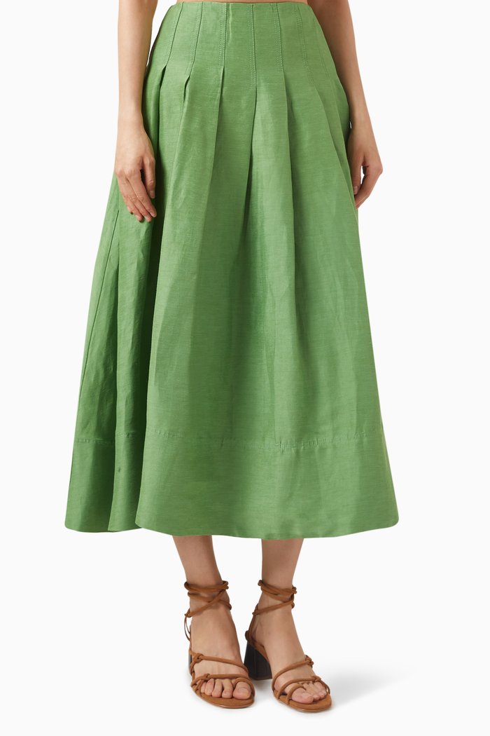 Paradiso Cinched Midi Skirt in Linen Blend, Green