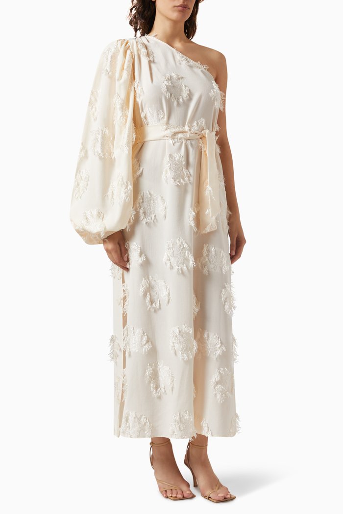 

One-shoulder Fringe & Floral Appliqué Maxi Dress, Neutral