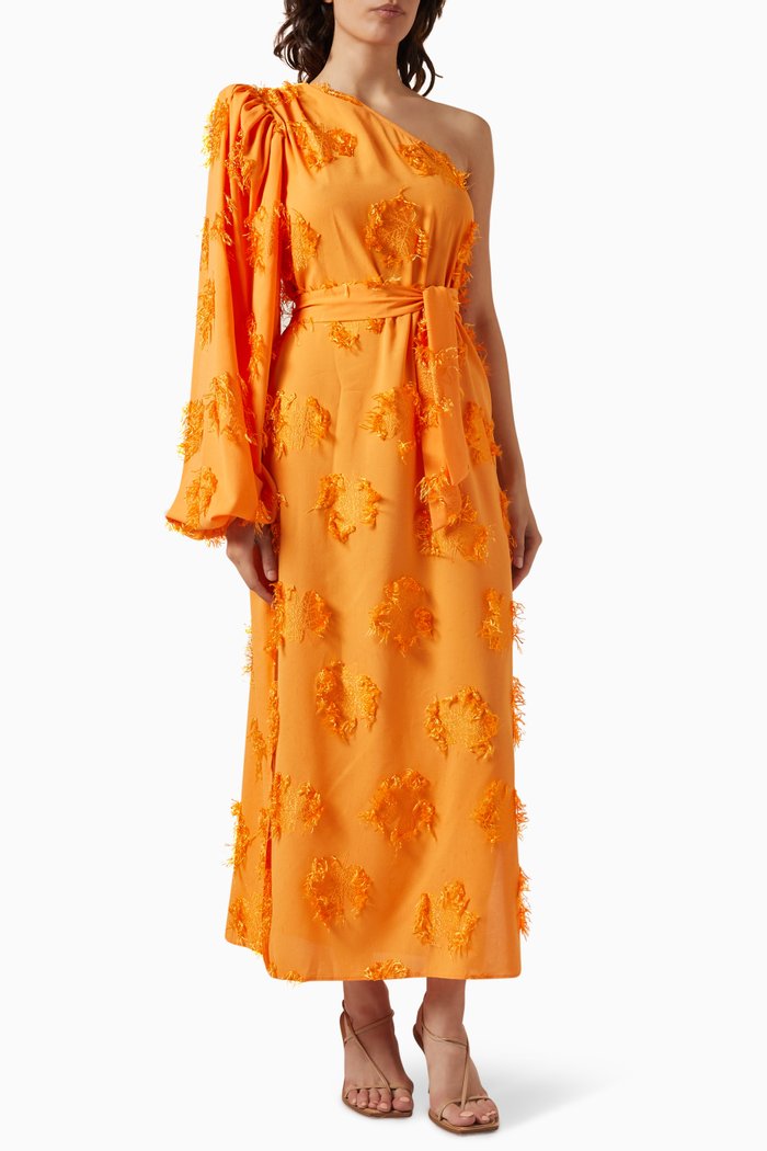 

One-shoulder Fringe & Floral Appliqué Maxi Dress, Orange