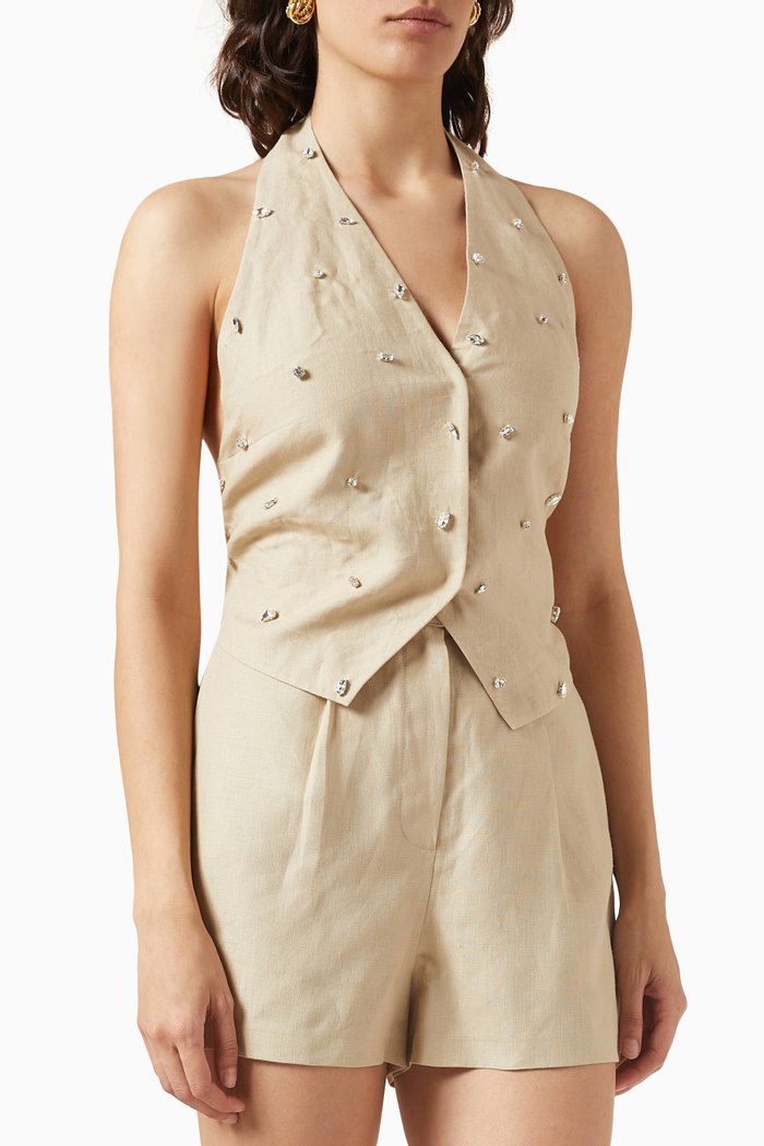 

Halterneck Swarovski Crystal-embellished Vest in Linen, Neutral