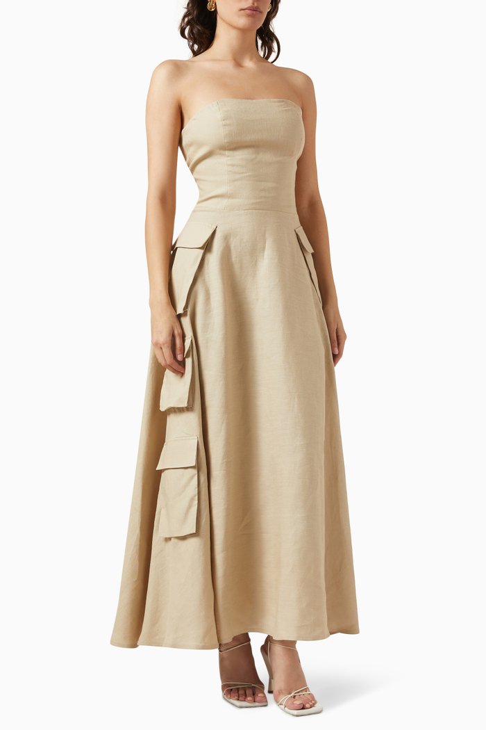 

Strapless Pocket-detail Maxi Dress in Linen, Neutral