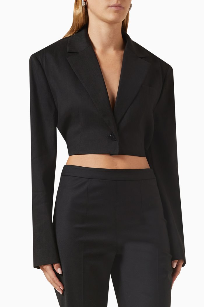 

Single-breasted Crop Jacket in Linen-blend, Black