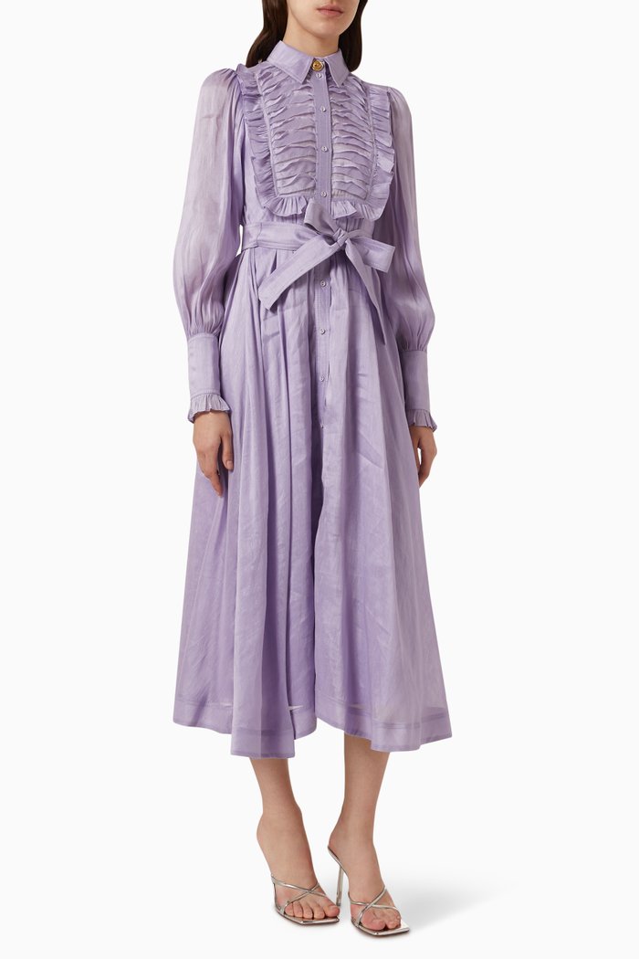 

Iris Pleated Bib Midi Dress in Silk-linen Gauze, Purple