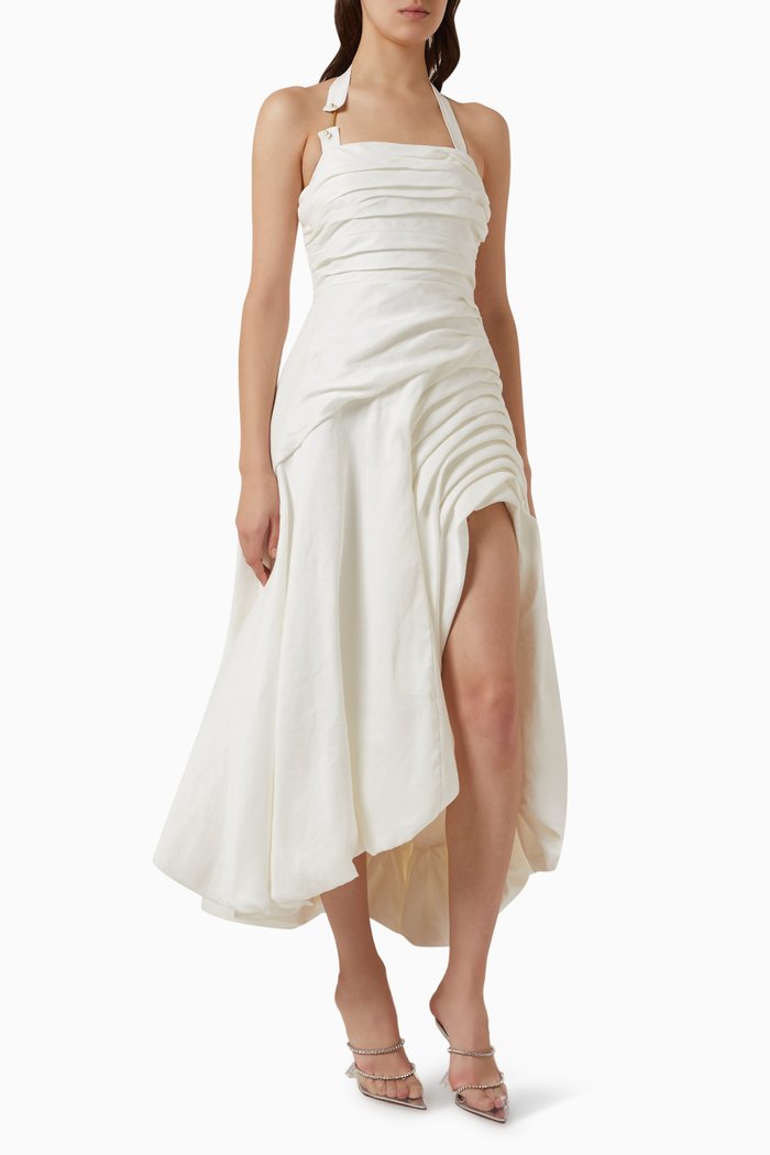 

Mika Draped Split Midi Dress in Linen-blend, White