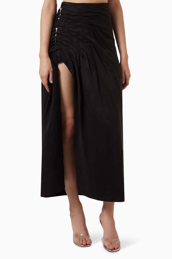 Mika Draped Split Midi Skirt in Linen-blend, Black