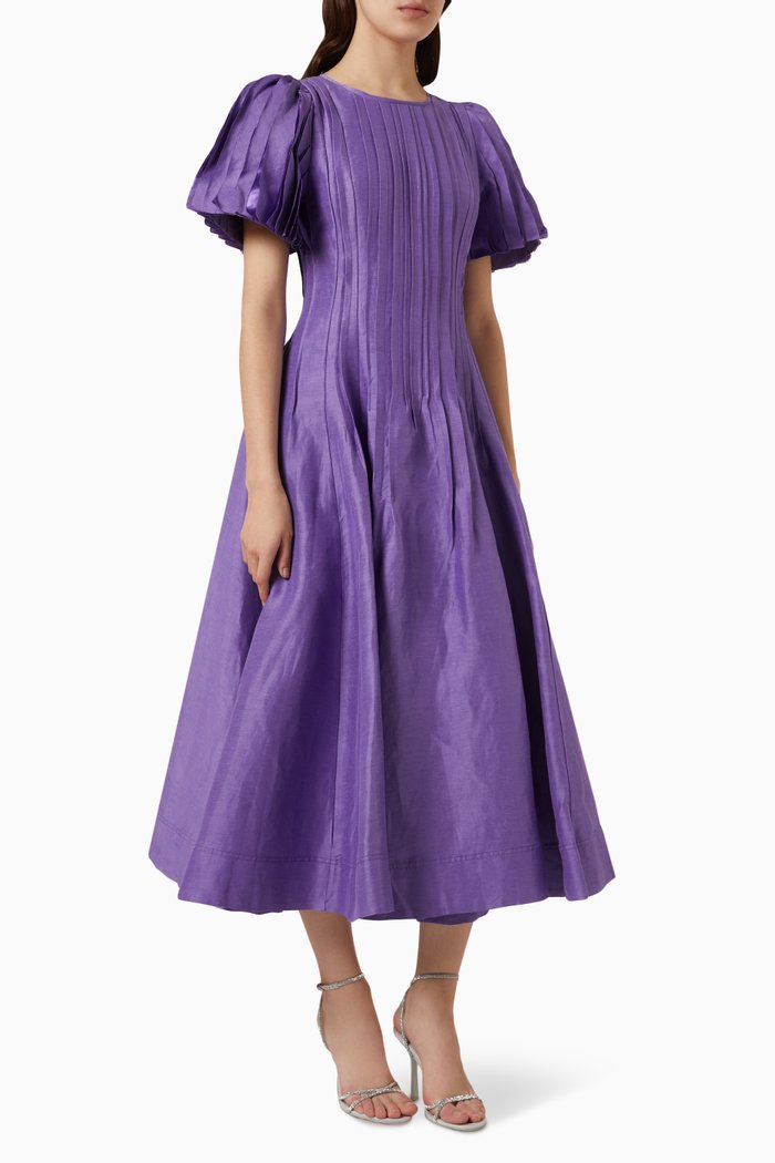 

Nova Pleated Midi Dress in Organza, Purple