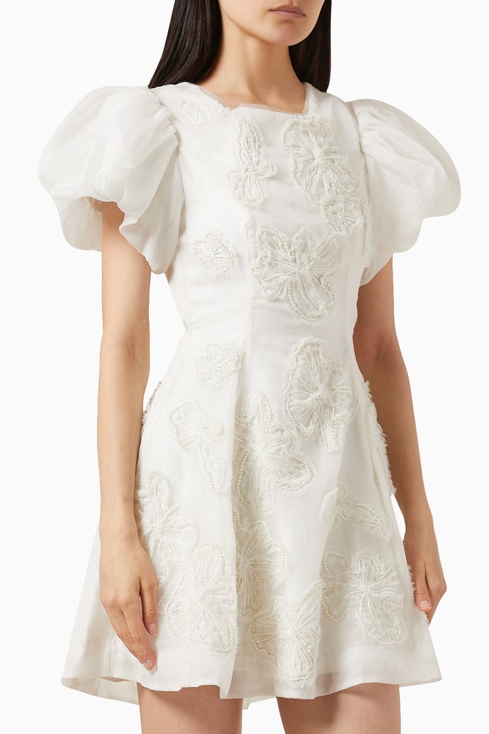 

Vera Beaded Flower Mini Dress in Organza, White