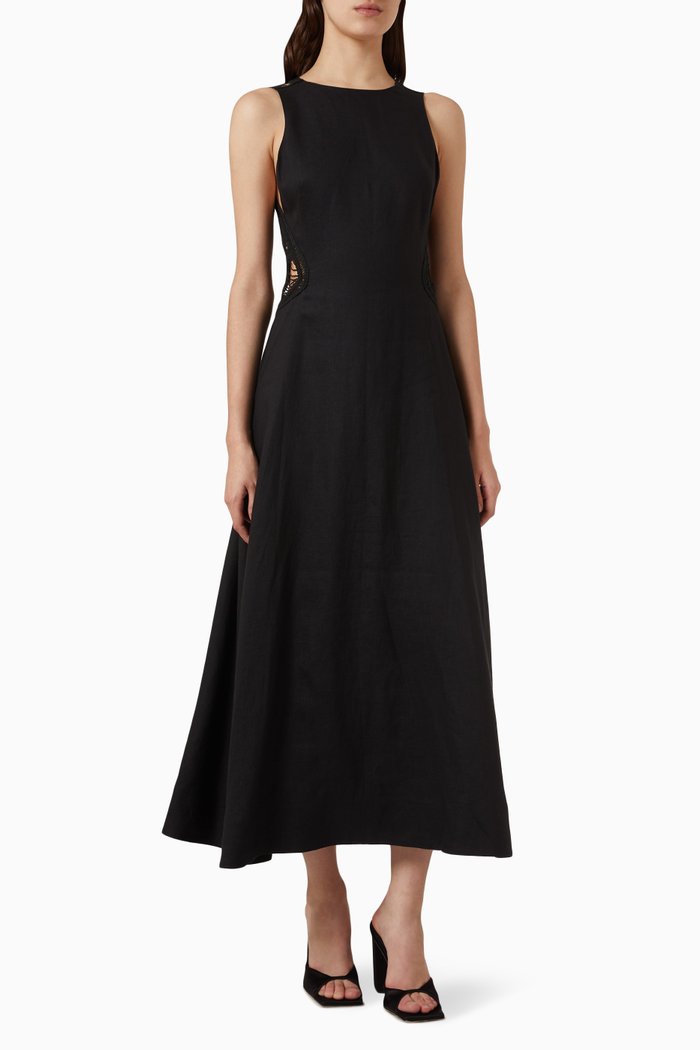 

Anja Open-back Midi Dress in Linen, Black