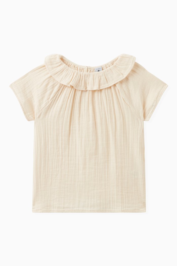 

Ruffle Neckline Blouse in Cotton, Neutral