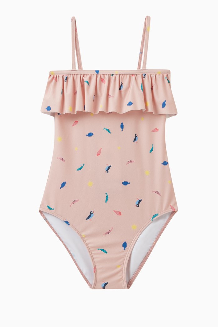 

Bird-print Frilled One-piece Swimsuit in Polyamide, Multicolour
