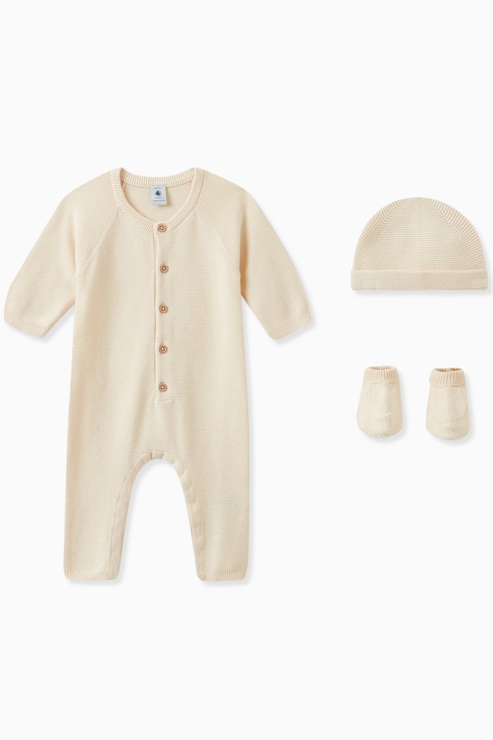 

Knitted Onesie, Beanie & Socks in Organic Cotton, Multicolour
