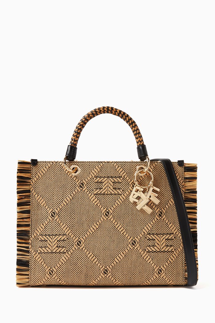 

Medium Tote Bag in Raffia with Fringes, Brown