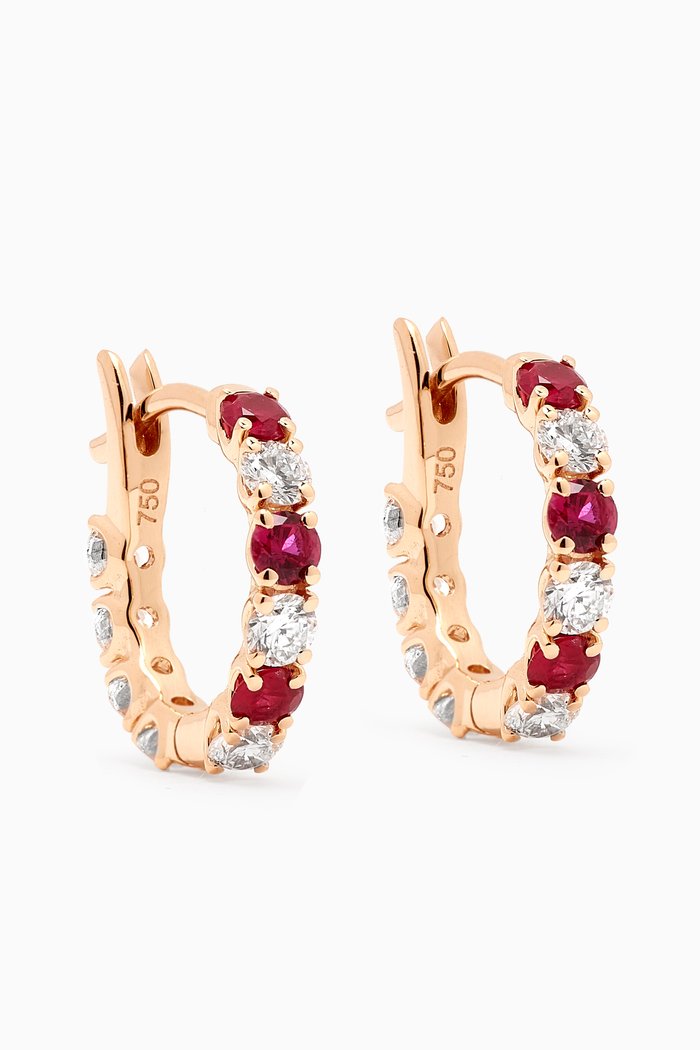 

Ruby & Diamond Mix Huggies in 18kt Yellow Gold, Red